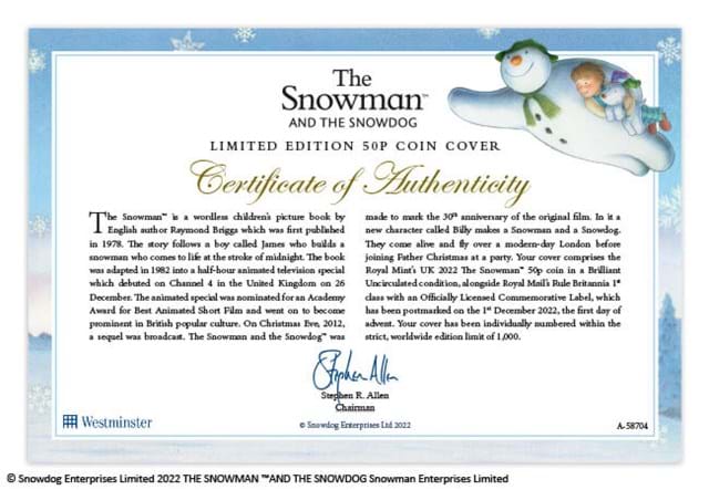 The Snowman And The Snowdog 50P BU Coin Cover Certificate Of Authenticity