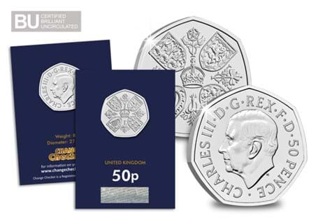 This BU 50p coin has been issued to commemorate the life of Queen Elizabeth II. The obverse design features the first ever portrait of King Charles III.