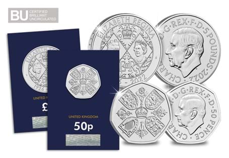 These BU coins have been issued to commemorate the life and reign of Queen Elizabeth II. The 50p and £5 pair feature obverse designs of the first effigy of King Charles III.