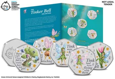 Five brand new commemoratives featuring the official GOSH Charity logo on one side, and a vivid full-colour illustration of Tinker Bell and Friends on the other.