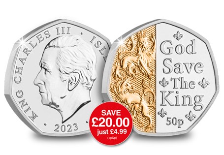 To mark the coronation of King Charles III this 50p coin features the British National Anthem. Struck to a Brilliant Uncirculated quality with a rare dual-plated finish of silver and 24 carat gold.