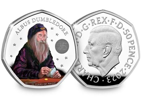 The Official Albus Dumbledore 2022 UK 50p Silver Proof Coin designed by Ffion Gwillim struck to .925 Silver with a stunning proof finish.