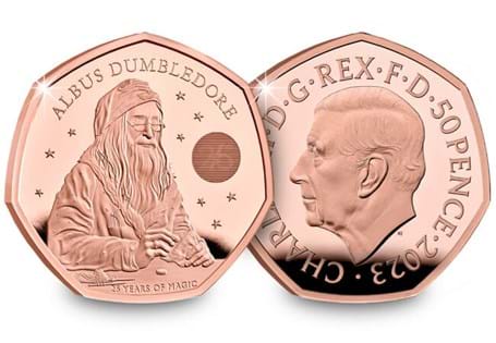 The official Albus Dumbledore 2022 UK 50p Gold Proof Coin. Designed by Ffion Gwillim. Struck to 916.7 Gold with a perfect proof finish.