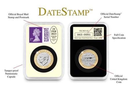 Your DateStampTM features the 2023 UK £2 coin honouring the 100th anniversary of the Flying Scotsman. Your coin also comes with a first class stamp, postmarked on the anniversary - 24th January 2023.