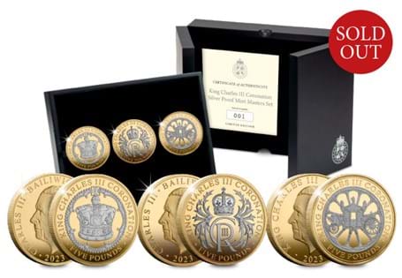 This Mint Masters set brings together three £5 coins issued to celebrate the Coronation of King Charles III and have been struck silver with reverse selective 24ct Gold plating.
