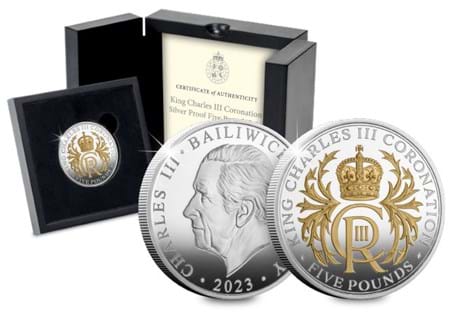 This £5 coin celebrates the Coronation of King Charles III. It's struck from .999 Silver with selective 24ct Gold Plate to a Proof finish and features the King's Royal Cypher.