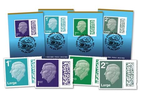 The King Charles III First Definitive Stamp Set includes all four stamps (1st class, 2nd class, 1st class large, 2nd class large) postmarked with the stamp release date 4th April 2023.