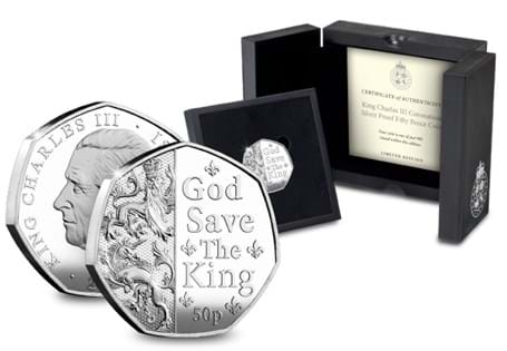 This Silver 50p celebrates the Coronation of King Charles III. The design includes the famous words 'God Save the King'.