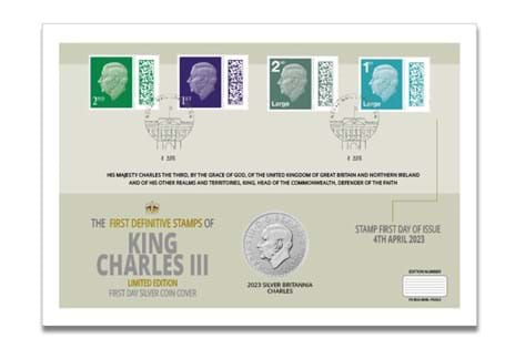Combining the first 1oz Silver Britannia and Definitive Stamps of King Charles III in an exclusive coin cover.