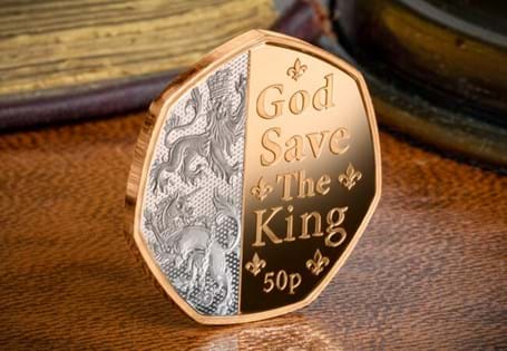 This 50p, struck from .916 gold with selective silver plate, celebrates the Coronation of King Charles III. It features the line 'God Save the King'.