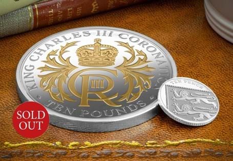 This £5 coin celebrates the Coronation of King Charles III. It has been struck from 5oz of pure 999.9/1000 Silver with selective 24ct Gold Plate and features the King's Royal Cypher.