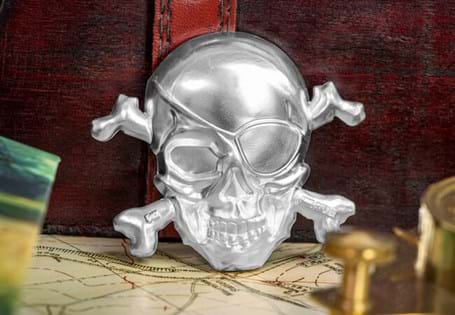 The famous story has been commemorated on this Pure Silver 5oz Coin - struck to the shape of the iconic pirate symbol, the Skull and Crossbones.