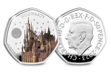 The official Hogwarts School 2023 UK 50p Silver Proof Coin desig ned by Ffion Gwillim. Struck to.925 Silver.