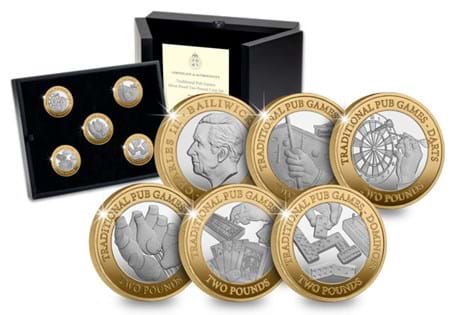 The Traditional Pub Games Coin Set in Silver Proof quality, featuring five of the nation's most beloved pub games – Darts, Billiards, Skittles, Dominoes and Cribbage.