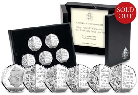 This Silver Proof 50p Set celebrates the Coronation of King Charles III. It brings together five 50ps featuring a line from the National Anthem.