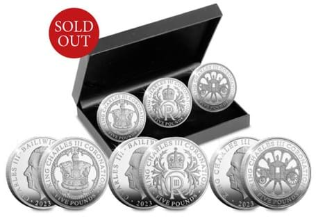 This set brings together three £5 coins issued by Jersey, Guernsey and the Isle of Man. They have been issued to celebrate the Coronation of King Charles III.