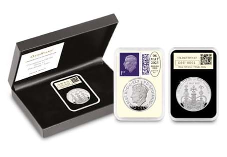 Includes the UK 2023 Silver Proof Coronation £5 Coin, alongside a Royal Mail King Charles III 1st Class Stamp postmarked on the day of the Coronation – 6th May 2023
