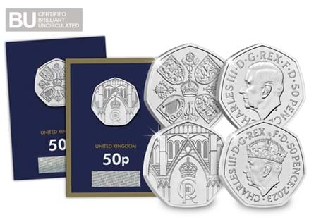 This royal 50p pair includes the first King Charles III coin, the 2022 Queen Elizabeth II 50p coin, and the 2023 Coronation 50p coin in BU quality.