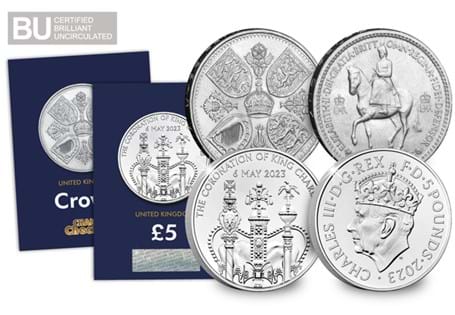 This Coronation Crown Pair includes Queen Elizabeth II's 1953 Coronation Crown and King Charles III's 2023 Coronation £5. Both coins have been encapsulated in official Change Checker packaging.