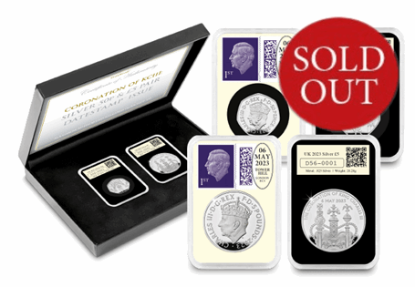 Includes the UK 2023 Silver Proof Coronation 50p & £5 coins, alongside Royal Mail King Charles III 1st Class Stamps