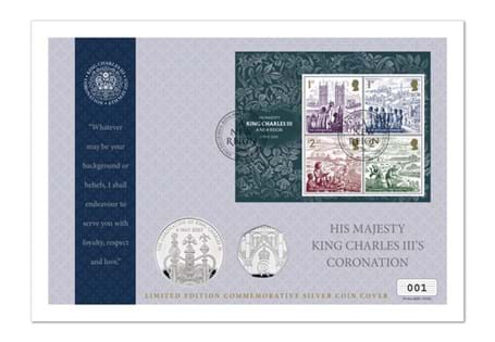 This coin cover houses the Royal Mint's UK 2023 Coronation £5 and 50p -struck with .925 Silver. It also features Royal Mail's Coronation stamps and has been postmarked on 6th May 2023.