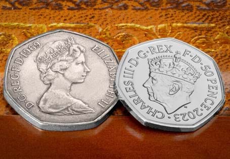 This two-coin set features two UK 50p coins from 1969 - the year of His Majesty King Charles III's investiture as The Prince of Wales -and the UK 2023 Coronation BU 50p - the year of his Coronation.