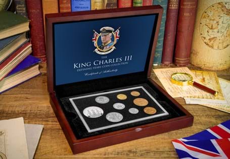 This coin collection combines the circulating coins from the year of King Charles III's birth, 1948, with the UK 2023 Coronation Silver Proof £5 coin to celebrate two of his most defining years.