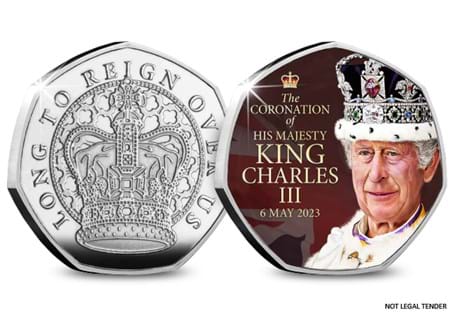Issued to celebrate the Coronation of King Charles III on 6th May 2023, the obverse features St. Edward's Crown encircled with the text 'Long to Reign Over Us'. 
