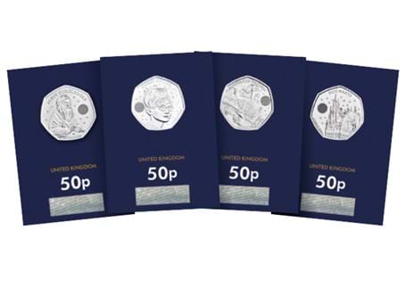 A collector's pack that includes all 4 UK Harry Potter 50p coins: Harry Potter 50p, Hogwarts Express 50p, Professor Dumbledore 50p, Hogwarts School of Witchcraft and Wizardry 50p.