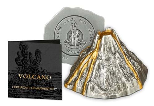 Volcano 5Oz Silver Coin Obverse Reverse With Packaging