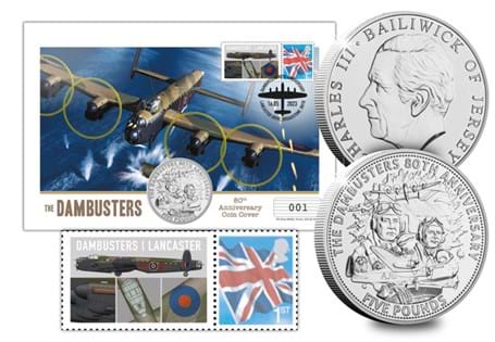 This cover features the Jersey 2023 Dambusters BU £5 coin. Also presented is a Royal Mail Rule Britannia 1st Class Stamp with a commemorative label. It has been postmarked with 16th May 2023. EL: 995