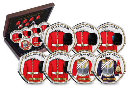 The 'All The King's Forces' Commemorative Collection features seven original designs depicting the uniforms of each of the regiments in His Majesty's Household Division. EL: 2023. 