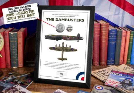Dambusters Collector's Frame. Carried on an original WWII Lancaster. Featuring the 2023 Dambusters 80th Anniversary £5 and a commemorative issued in partnership with RAF. 