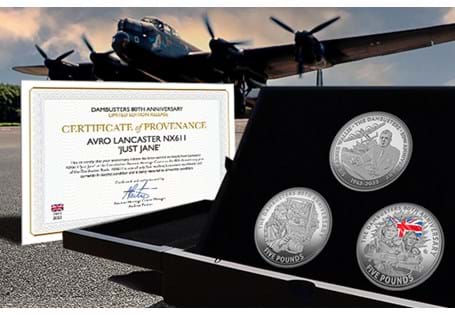 This Collectors Set brings together 2 £5 coins issued by Jersey and Guernsey to mark the 80th anniversary of the Dambusters Raid. 