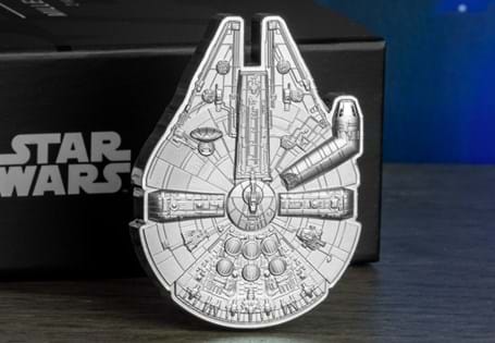This 2oz fine .999 Silver Millennium Falcon™ coin is shaped like the freighter itself. This coin comes in an acrylic black velvet case, with a Certificate of Authenticity. Edition limit: 2000
