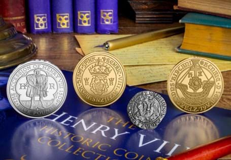This coin collection pays tribute to Henry VIII and includes the 2009 UK Silver Proof £5, alongside replicas of the Henry VIII Gold Noble, Crown of the Double Rose, and the Silver Groat