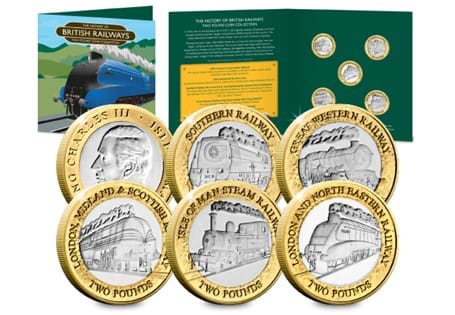 In 1923, 120 regional railway companies merged and formed four larger companies due to the Railway Act of 1921. To commemorate this, a 5-coin BU £2 set has been issued, featuring famous locomotives.