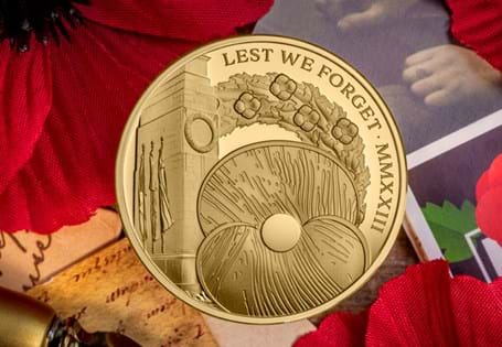 A coin issued by Jersey for the annual anniversary of remembrance. The reverse features the Cenotaph, a wreath behind and the poppy in the foreground. Struck from 999/1000 Gold. EL: 45.