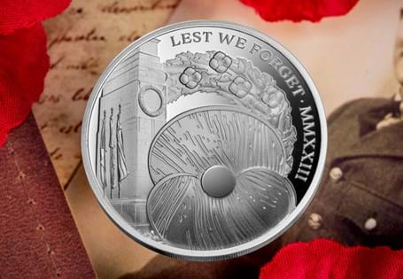 A coin issued by Jersey for the annual anniversary of remembrance. The reverse features the Cenotaph, a wreath behind, with the iconic poppy in the foreground. Struck from 925/1000 Silver. EL: 995.