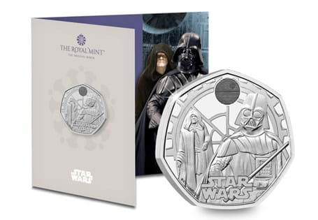This UK 2023 BU 50p coin is the second in the Royal Mint's Star
WarsTM series. It features none other than Darth Vader and Emperor Palpatine
and comes presented in official Royal Mint packaging.