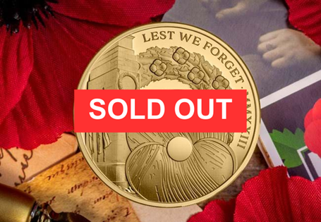 A coin issued by Jersey for the annual anniversary of remembrance. The reverse features the Cenotaph, a wreath behind and the poppy in the foreground. Struck from 999/1000 Gold. EL: 45.