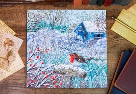 238-piece wooden jigsaw puzzle featuring the Robin in Winter, including 20 whimsical pieces. Made by Victory Puzzles.