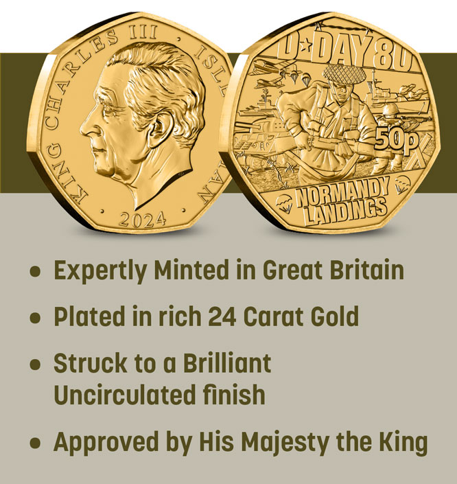 Expertly minted in Great Britain. Plated in rich 24 Carat Gold. Struck to a Brilliant Uncirculated finish. Approved by His Majesty the King.