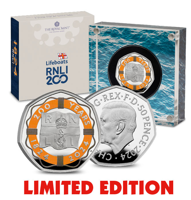 LIMITED EDITION - the Obverse and reverse of the Silver Proof RNLI 50p with selective colour printing and themed Perspex box