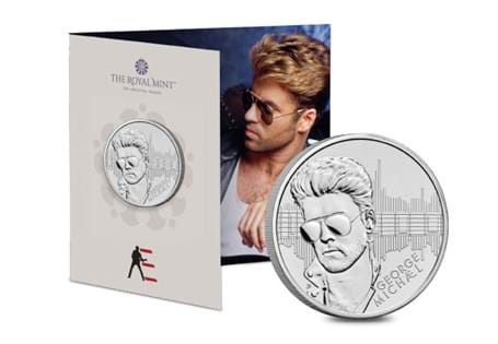 This UK 2024 BU £5 coin has been released by The Royal Mint to celebrate the musical achievements of George Michael as part of the Music Legends coin series.