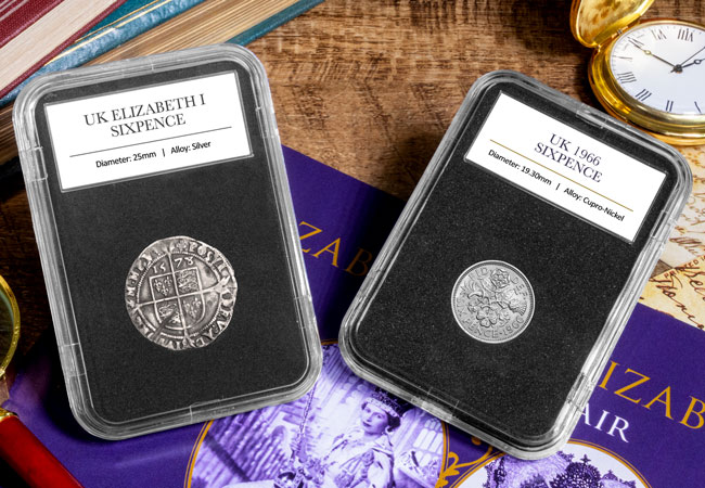 Elizabeth I and Elizabeth II Sixpence Pair