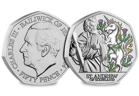 The 2024 St. Andrew Colour BU 50p has been issued by Jersey in celebration of the Patron Saint of Scotland. 