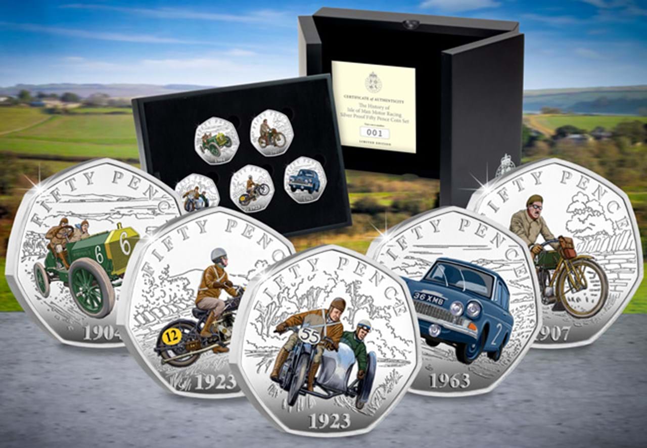 CrawleyCoins 2024 – Set De 50 Monedas Isla De Man 120 Aniversario De Manx Motor Racing