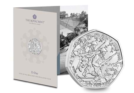 This 50p, issued by The Royal Mint, commemorates the 80th anniversary of D-Day. It features Allies soldiers arriving to the Normandy beaches. Struck to Brilliant Uncirculated quality.