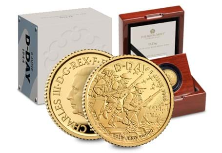 This UK 1/10th oz Gold coin has been issued by The Royal Mint to commemorate the 80th anniversary of D-Day. It has been struck from 99.99% Pure Gold to a Proof Finish. EL: 500